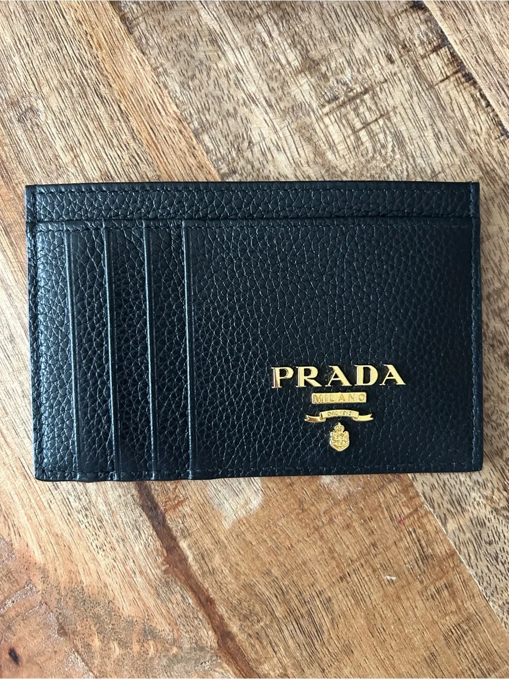 Prada Black Leather Card Holder with Gold Crest